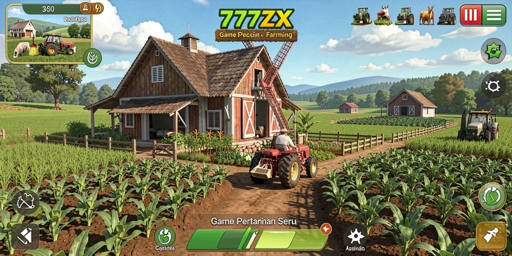 Screenshot gameplay 777ZX dengan latar pertanian yang subur.