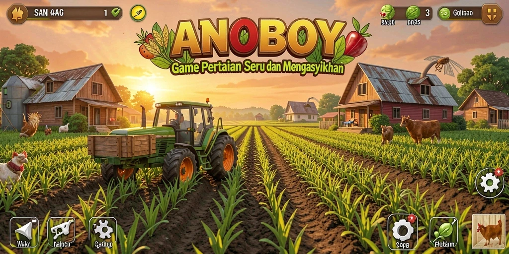 Screenshot gameplay ANOBOY yang menampilkan aktivitas bertani.