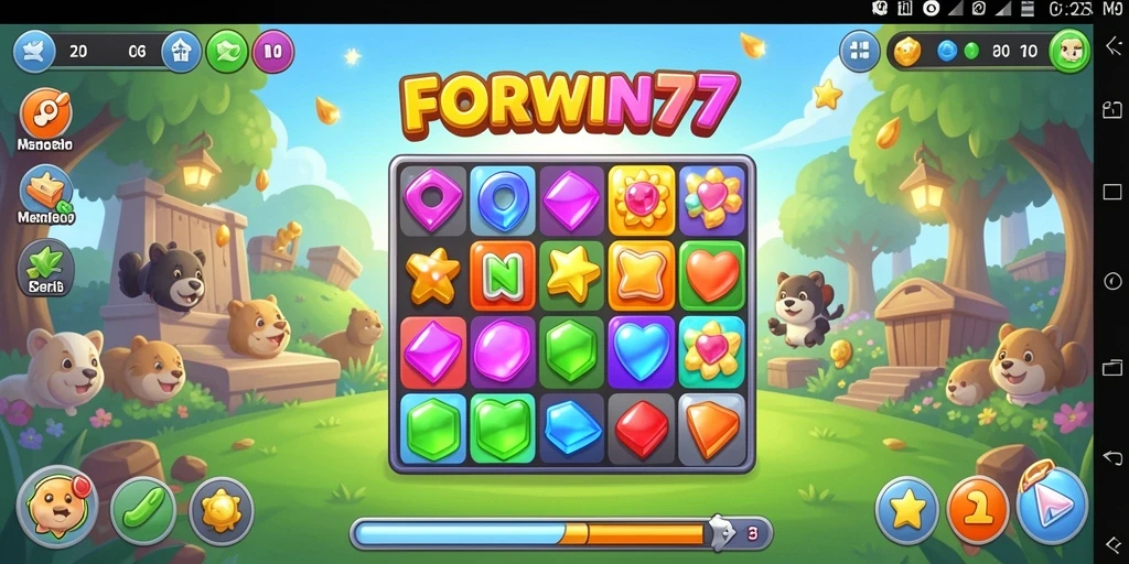 Tampilan layar gameplay FORWIN77 dengan kombinasi warna cerah.