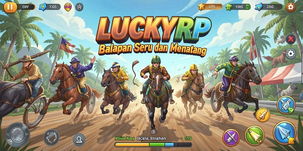 Tampilan gameplay LUCKYRP dengan mobil balap dan trek menantang.