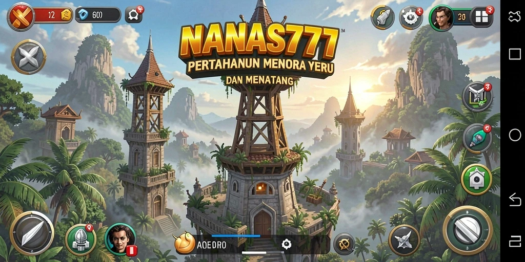 Tangkapan layar dari gameplay <strong>NANAS777</strong> menunjukkan aksi pertarungan menara yang intens dan seru.