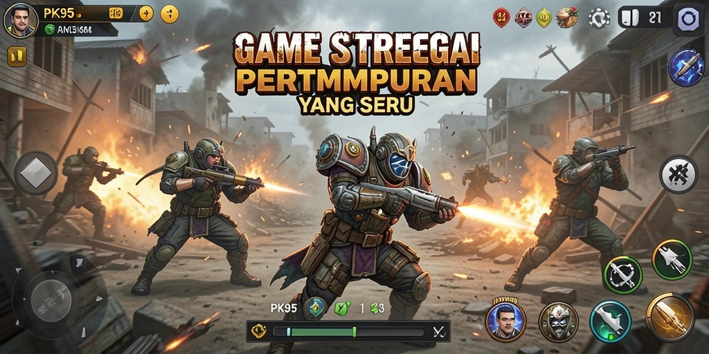 Screenshot gameplay PK95 menampilkan pertempuran seru dengan unit yang beragam.