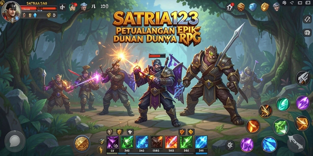 Tangkapan layar utama SATRIA123 menampilkan pertempuran seru di dunia RPG.
