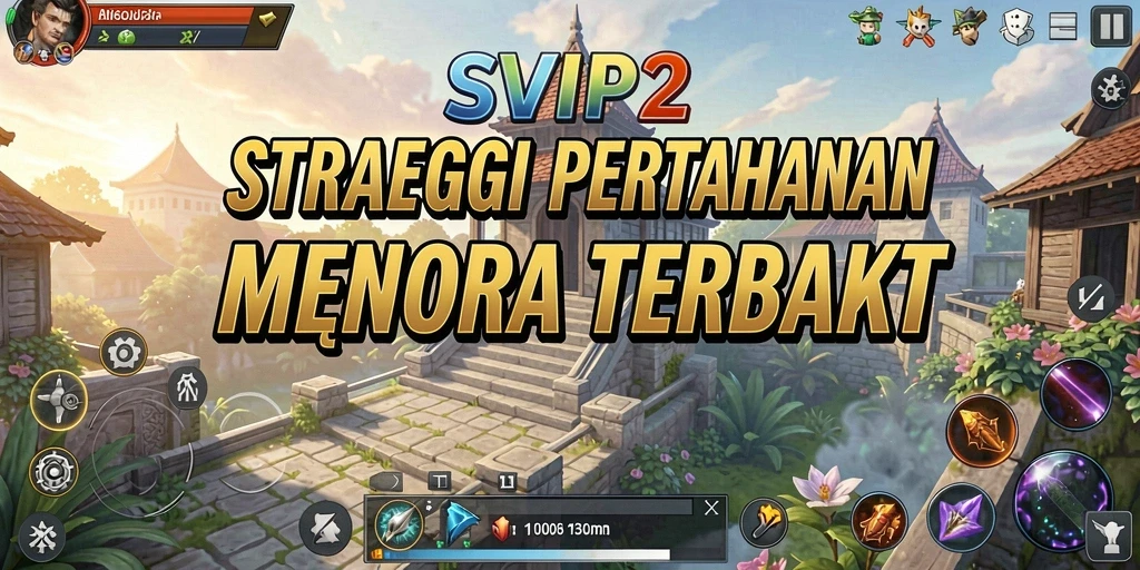 Screenshot gameplay SVIP2 yang menampilkan berbagai menara pertahanan.