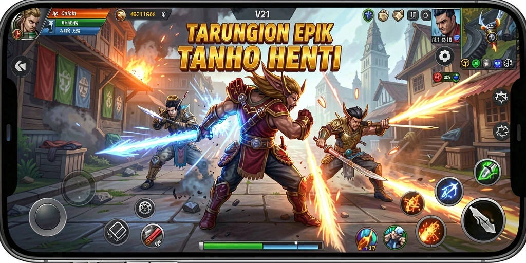 Screenshot utama V21 menampilkan pertarungan seru antara dua karakter di arena.
