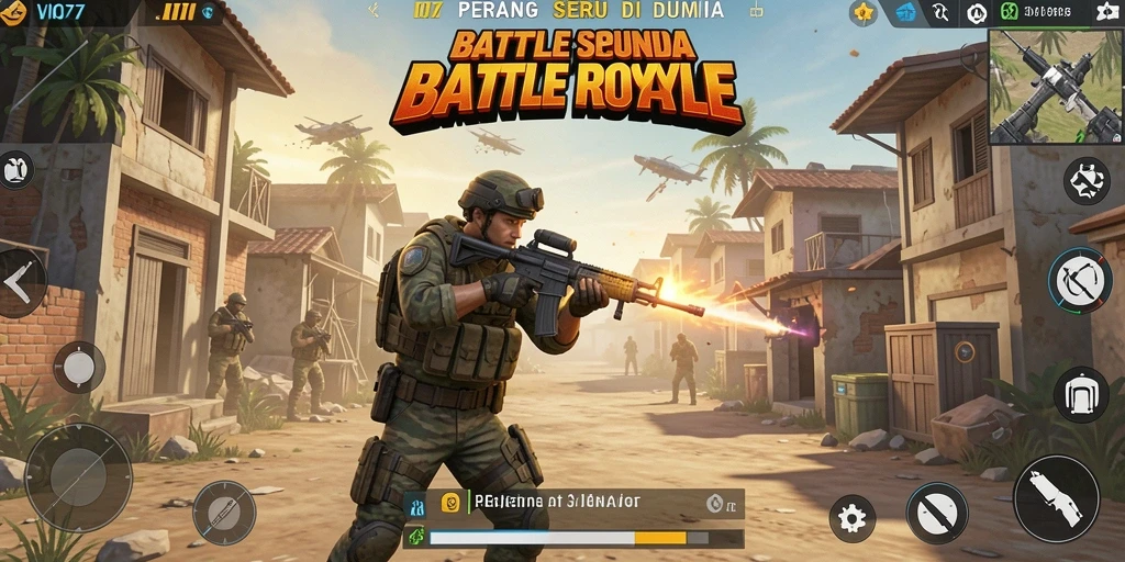 Tangkapan layar utama VIO77 menampilkan pertarungan seru di arena Battle Royale.