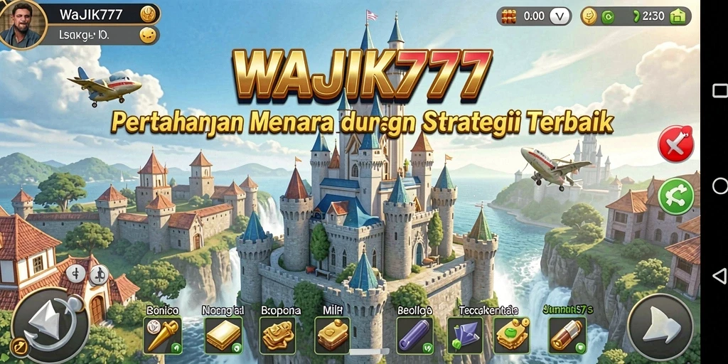 Screenshot utama WAJIK777 menampilkan aksi seru saat mempertahankan menara.